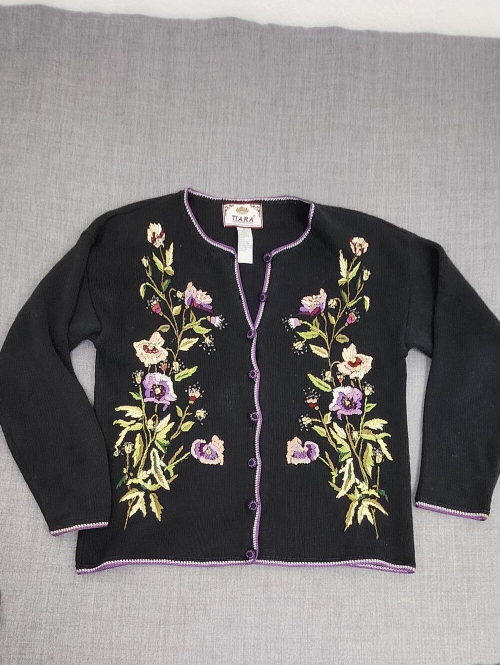 Tiara International Black Cardigan Floral Embroidered Design. Medium